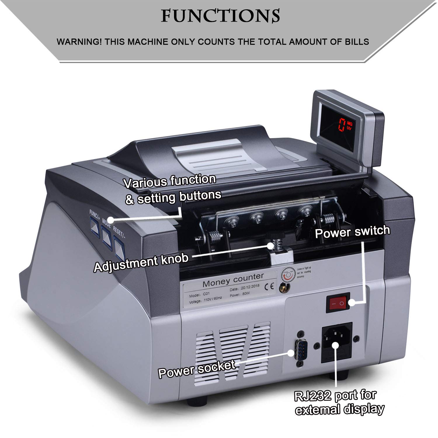 Bill Counter Cash Counting Machine Counterfeit Detection Purple Gray Bill Counter